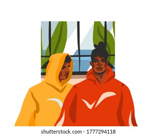 Dibujo manual vectorial abstracto gráfico de stock con jóvenes felices afroamericanos negros de belleza amigos juntos, en traje de moda aislado en fondo blanco