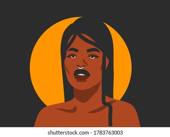 Hand drawn vector abstract stock flat graphic illustration with ethnic tribal black african american woman and golden full moon,isolated on black background