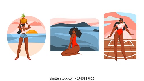 Hand drawn vector abstract stock flat graphic illustration collection set with young happy black afro american beauty females ,in everyday routine scenes creator isolated on white background