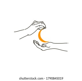 Hand drawn vector abstract stock flat graphic illustration with logo elements ,woman fashion magic line art hand touch moon in simple style for branding ,isolated on white background