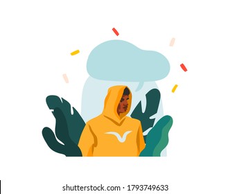 Hand drawn vector abstract stock graphic illustration with young happy black african american beauty man , in fashion outfit and communication speech bubble chat isolated on white background.