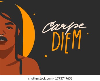 Hand drawn vector abstract stock flat graphic illustration with ethnic tribal black african american woman, golden full moon,and Carpe Diem handwritten lettering quote isolated on black background