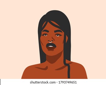 Gráfica abstracta de vector dibujado a mano ilustración gráfica plana con étnico tribal negro hermosa mujer afroamericana y dorada luna llena estilo simple, aislado en fondo blanco