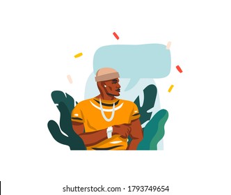 Dibujo a mano vectorial abstracto de la ilustración gráfica de las acciones con el joven afroamericano negro feliz manportrat de la belleza, en el traje de moda y la burbuja del espectro de la comunicación chat aislado en el fondo blanco.