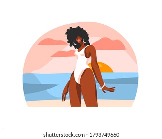 Hand drawn vector abstract stock flat graphic illustration with young happy black afro american beauty female,in swimsuit on sundown beach scene isolated on white background