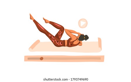 Hand drawn vector abstract stock flat graphic illustration with young happy female, doing fitness on mat and watching online training video isolated on white background