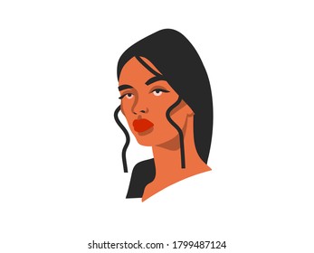 Hand drawn vector abstract stock flat graphic illustration with ethnic tribal beautiful woman portrait in simple trendy fashion style ,isolated on white background