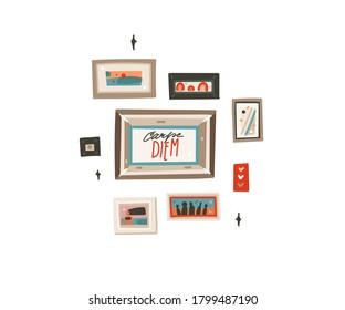 Hand drawn vector abstract stock flat graphic illustration with indoor interior wall frames and motivational lettering quote Carpe diem isolated on white background