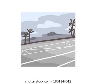 Hand drawn vector abstract stock flat graphic illustration with urban city view scene and palm trees on tre road isolated on white background