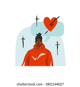 Hand drawn vector abstract stock graphic illustration with young happy black african american beauty man portrait , in fashion outfit and communication specch bubble chat isolated on white background.