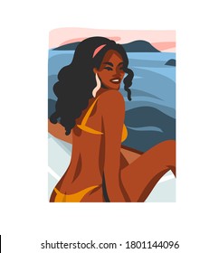 Hand drawn vector abstract stock flat graphic illustration with young happy black afro american beauty female,in swimsuit on sundown view scene isolated on white background