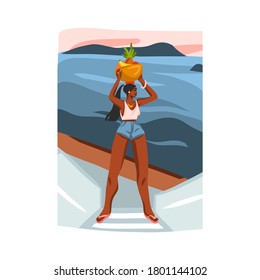 Hand drawn vector abstract stock flat graphic illustration with young happy black afro american beauty female,in swimsuit on sundown beach scene isolated on white background