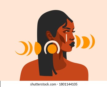 Hand drawn vector abstract stock flat graphic illustration with ethnic tribal black beautiful african american woman and golden full moon phases in simple style ,isolated on pastel background