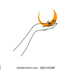Hand drawn vector abstract stock flat graphic illustration with logo elements ,woman fashion magic line art hands touch moonand stars in simple style for branding ,isolated on white background