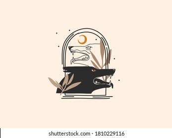 Hand drawn vector abstract stock flat graphic illustration with logo elements ,wolves magic line art in simple style for branding ,isolated on white background