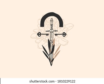 Hand drawn vector abstract stock flat graphic illustration with logo elements ,sword and flowers, magic line art in simple style for branding ,isolated on white background