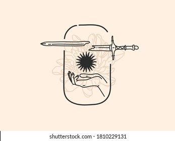 Hand drawn vector abstract stock flat graphic illustration with logo elements ,sword and sun , magic line art in simple style for branding ,isolated on white background