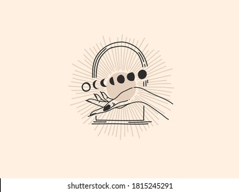 Hand drawn vector abstract stock flat graphic illustration with logo elements ,moon phase and female hand in arch , magic line art in simple style for branding ,isolated on white background