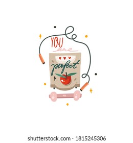Hand drawn vector abstract stock flat graphic illustration with indoor , motivational lettering quote You are perfect and home scales isolated on white background