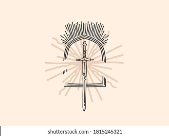 Hand drawn vector abstract stock flat graphic illustration with contemporary aesthetic logo elements,sword and arch, magic line art in simple style for branding ,isolated on white background