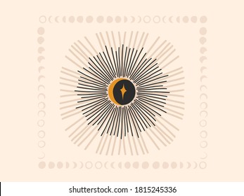 Gráfica abstracta de vector dibujado a mano ilustración gráfica plana con elementos de logotipo, luna y sol, arte de línea mágica en estilo sencillo para marca, aislado en fondo blanco