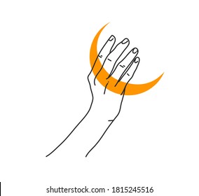 Handgezeichnete, abstrakte Stockflachgrafik mit Logo-Elementen, Frauen-magische Linie Kunst Hände Berge und Sterne im einfachen Stil für die Markendarstellung, einzeln auf weißem Hintergrund