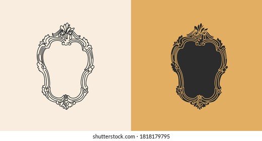 Hand drawn vector abstract stock flat graphic illustration with logo elements set,mirror frame in victorian style and silhouette,magic art in simple style for branding,isolated on color background