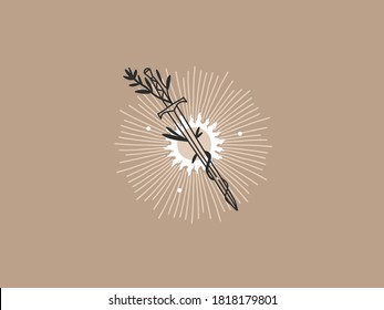 Hand drawn vector abstract stock flat graphic illustration with contemporary aesthetic logo elements,sun,sword and arch, magic line art in simple style for branding ,isolated on white background