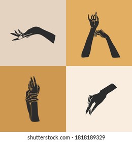 Hand drawn vector abstract stock flat graphic illustration with logo elements set,human hands silhouettes, line,magic art in simple style for branding,isolated on color background