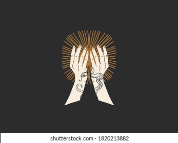 Hand drawn vector abstract stock flat graphic illustration with logo elements ,human hand holding sun , magic line art in simple style for branding ,isolated on black background