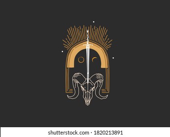 Hand drawn vector abstract stock flat graphic illustration with logo elements ,lamb skull head in arch , magic line art in simple style for branding ,isolated on black background