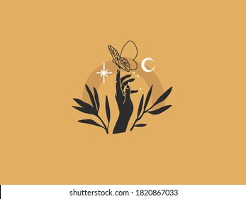 Hand drawn vector abstract stock flat graphic illustration with logo elements ,human hand,flowers and butterfly, magic line moon art in simple style for branding ,isolated on golden background