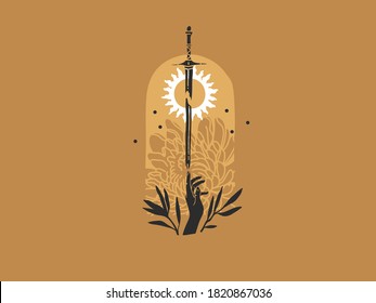 Hand drawn vector abstract stock flat graphic illustration with logo elements ,sword,human hand,flowers and sun, magic line moon art in simple style for branding ,isolated on golden background