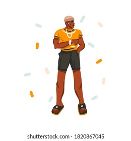Hand drawn vector abstract stock graphic illustration with young happy black african american beauty man, in fashion outfit isolated on white background.