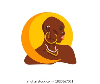 Hand drawn vector abstract stock flat graphic illustration with ethnic tribal black african american woman and golden full moon,isolated on white background