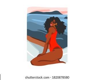 Hand drawn vector abstract stock flat graphic illustration with young happy black afro american beauty female,sitting on sundown beach scene isolated on white background