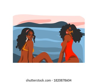 Hand drawn vector abstract stock flat graphic illustration with young happy black afro american beauty female,in swimsuit on sundown beach scene isolated on white background