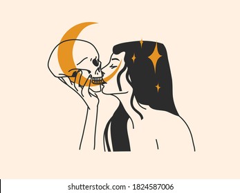 Hand drawn vector abstract stock flat graphic illustration with logo elements ,skull and young woman , magic line mystic art in simple style for branding ,isolated on white background