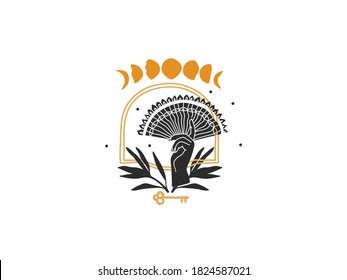 Hand drawn vector abstract stock flat graphic illustration with logo elements ,female hand and moon phases, magic line moon art in simple style for branding ,isolated on white background