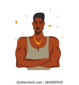 Hand drawn vector abstract stock graphic illustration with young happy black african american beauty man, in fashion outfit isolated on white background