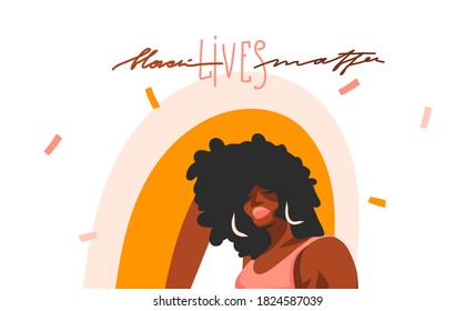 Hand drawn vector abstract stock graphic illustration with young black afro american ,beauty female and Black lives matter handwritten lettering isolated on color collage shape background