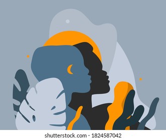 Hand drawn vector abstract stock graphic illustration with young black african american beauty people silhouette portraits ,night tribal african freedom concept isolated on color background