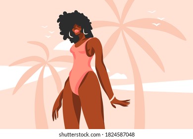Hand drawn vector abstract stock flat graphic illustration with young ,happy black afro american beauty woman in swimsuit on sundown view scene on the beach isolated on pink pastel background