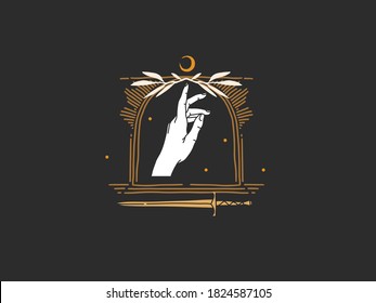 Gráfica abstracta de vectores dibujada a mano ilustración gráfica plana con elementos del logo, luna de mano humana tocando en arco , arte de línea mágica de estilo simple para marca ,aislado en fondo negro