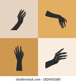 Hand drawn vector abstract stock flat graphic illustration with logo elements set,human hands silhouettes, line,magic art in simple style for branding,isolated on color background