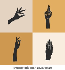 Hand drawn vector abstract stock flat graphic illustration with logo elements set,human hands silhouettes, line,magic art in simple style for branding,isolated on color background