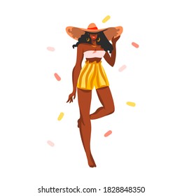 Gráfica gráfica plana con vector dibujado a mano material abstracto ilustración gráfica plana con joven afroamericano negro feliz, mujer de belleza con traje de baño y sombrero de playa aislado en forma de collage blanco