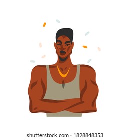 Dibujo a mano vectorial abstracto gráfico de stock con el retrato joven feliz hombre de belleza afroamericano negro, en traje de moda aislado en fondo blanco