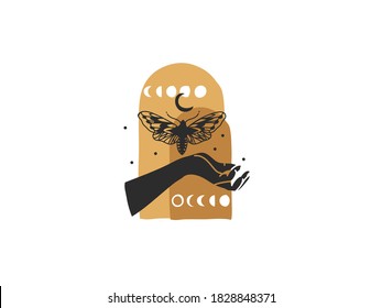 Hand drawn vector abstract stock flat graphic illustration with logo elements ,female hand and moon phases,butterfly, magic line moon art in simple style for branding ,isolated on white background