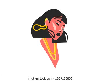 Hand drawn vector abstract stock flat graphic illustration with ethnic tribal beautiful woman portrait in simple trendy fashion style ,isolated on white background